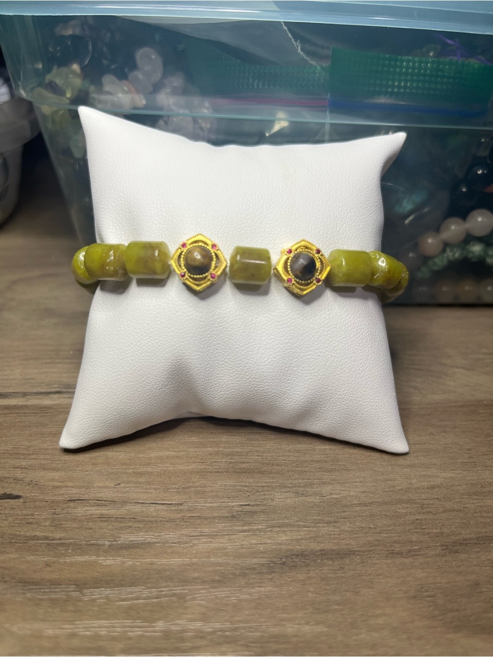 Natural Green Serpentine / Jade Style Bracelet with Tiger’s Eye Accents